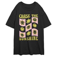 If you're looking for the hottest new trends, you're in the right place! Take your everyday style to the next level with this new Juniors' Chase the Smiley Sunshine Graphic Oversized T-Shirt from Lost Gods! This cool, everyday tee features a checkered pattern with smiling suns and the text: "Chase the Sunshine," across the front. Grab this new graphic tee today and make everything from workouts to running errands, or even just lounging around the house a little extra chic! Sunny Tee Shirts, Cotton Smiley Face Graphic Tee, Cute Smiley Face Short Sleeve T-shirt, Sunshine Graphic, Smiley Face Short Sleeve Streetwear T-shirt, Cheap Short Sleeve T-shirt With Smiley Face, Affordable Fun Smiley Face T-shirt, Trending Graphic Tees, Sleeve Packaging