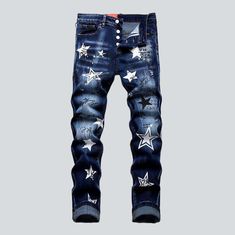 Introducing our Y2K-inspired. Graffiti Star Print Men's Jeans from the 2023 Autumn Collection. These slim. mid-waist jeans feature a zipper & button closure. stretchy fabric and a unique. painted design to bring back the iconic look of the 2000s. Make a bold statement with these jeans and stand out in style!Distinctive Features: Y2K Style: Revive the iconic look of the 2000s with this Y2K-inspired design. featuring a unique painted graffiti star print. Slim Fit: Crafted with a slim fit. these je Graffiti Star, Hype Clothing, Mid Waist Jeans, Custom Jeans, Stylish Men Casual, Painted Jeans, Denim Patterns, Autumn Collection, Painted Denim