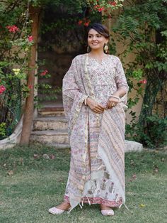 Pink & Grey Floral Block Printed Cotton Palazzo Kurta Set (Set of 3) by Pheeta now available at Trendroots