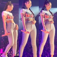 three pictures of the same woman in white pants and cropped top at a concert