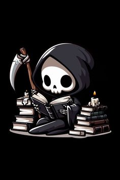 a skeleton sitting on top of a pile of books with an ax in it's hand