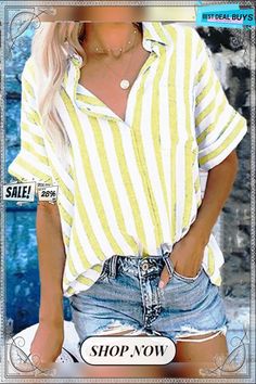 Buttoned Down Work Daily Striped Shirt Yellow Summer Blouse With Pockets, Yellow Blouse With Pockets For Summer, White V-neck Tops With Pockets, Spring Striped V-neck Shirt, Striped V-neck Shirt For Summer, Casual Yellow Tops With Pockets, Casual Yellow Top With Pockets, Yellow Blouse With Pockets, Casual Striped Tops With Pockets