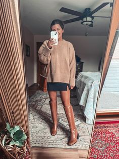 Flat Riding Boots Outfit, Brown Midi Dress Outfit Winter, Light Tan Knee High Boots Outfit, Jean Skirt Brown Boots Outfit, Sweater With Skirt And Boots, Turtle Neck Sweater And Skirt Outfit, Skirts With Tall Boots, Fall Outfit Knee High Boots, Fall Boots With Dress