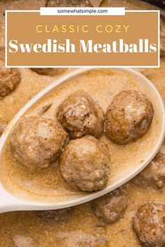 swedish meatballs in a white bowl with a wooden spoon and title text overlay