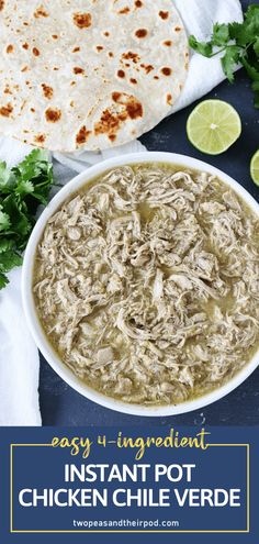 an image of instant pot chicken quesadilla soup in a bowl with cilantro and lime