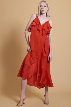 Meet our most enchanting dress yet - Our Red Wrap ruffle dress is cut to a flattering shape with adjustable spaghetti straps. An undeniable style for romantic evenings and elegant events, this dress is the perfect style to sculpt and enhance your shape.  20% silk 80% viscose Enchanting Dress, Red Outfits, Ruffle Wrap Dress, Catwalk Collection, Christmas Shop, Perfect Style, Red Outfit, Red Silk, Eras Tour