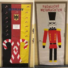 two doors decorated with german decorations and candy canes in the shape of a nutcracker