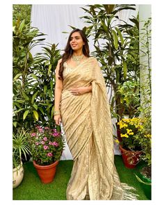 Presenting “Sunehri “ Saree is delicately embroidered with shiny sequins in a linear pattern, adding to the drama sequins tassels are added… | Instagram Wedding Reception Saree, Reception Saree, Saree With Belt, Embellished Belt