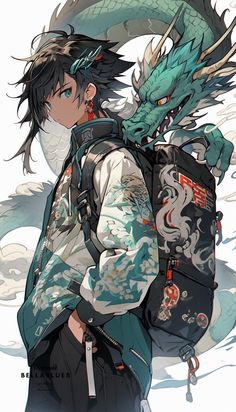 a man with a backpack and a dragon on his back