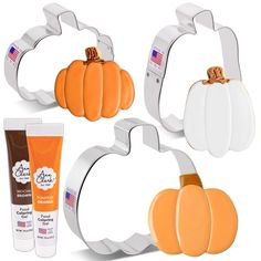 three pumpkin shaped cookie cutters and one tube of toothpaste