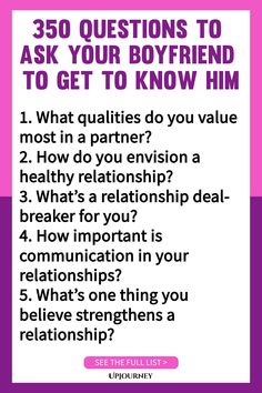 Explore these 350 thought-provoking questions to ask your boyfriend and deepen your connection. From lighthearted inquiries to deep conversations, this list covers a wide range of topics to help you get to know him better. Start meaningful conversations and strengthen your relationship with these engaging questions! Deep Conversation Questions, Deep Conversation, Conversation Questions, Question To Ask, Questions To Ask Your Boyfriend, Define Success