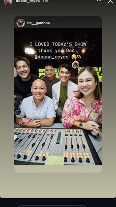 a group of people posing for a photo in front of a sound mixing console with the caption live today's show thank you guys