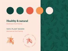 the label for healthy and natural plant based tea is shown in three different colors, including green