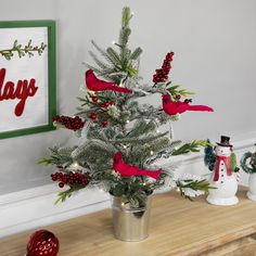 a small christmas tree with red birds on it in a silver pot next to other holiday decorations