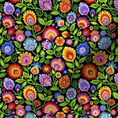 an image of colorful flowers and leaves on a black background for wallpaper or fabric