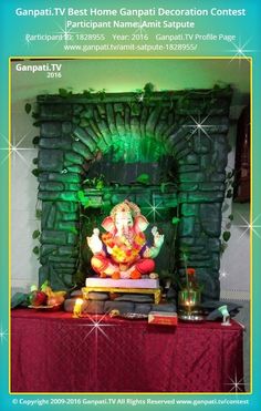 an image of ganpati in front of a fireplace with candles on it and the words ganpai tv best home gampati decoration contest contest contest contest contest