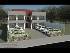 an artist's rendering of a two story building with several cars parked in front