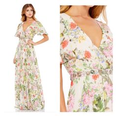 Description Floral Surplice Maxi Dress With A Faux-Wrap V-Neckline, Ruffle-Trimmed Short Bell Sleeves, And A Pleated Full-Length Skirt. The Waist Is Accented With A Floral Rhinestone-Embellished Belt. Mac Duggal Back Zipper 100% Polyester Short Sleeve Approx. Length From Shoulder To Hem: 62.5" V-Neck Style #9079 Short Bell Sleeves, Embellished Belt, Mac Duggal Dresses, Full Length Skirts, Mac Duggal, A Line Gown, Ruffle Trim, Flutter Sleeve, Bell Sleeves