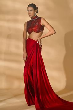 Red pre-draped saree in a solid base with cutdana embellished tassels on pallu. Comes with blouse embellished by rhinestones. - Aza Fashions Nikhil Thampi, Solid Saree, Draped Saree, Drape Saree, Embellished Blouse, Blouse For Women, Saree With Blouse, Aza Fashion, Tassels