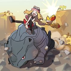 a cartoon girl riding on the back of a rhino