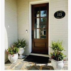 two potted plants are sitting in front of a door