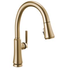 a brass colored kitchen faucet with an angled spout and pull out sprayer