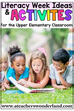 three children reading books on the grass with text overlay that reads, library week ideas and activities for the upper elementary classroom