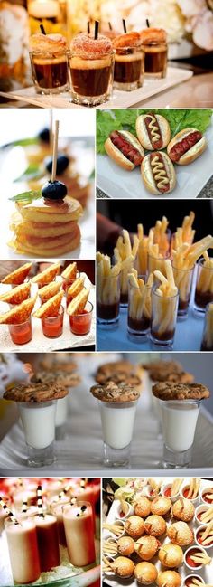 there are many different foods and drinks on the table in this collage, including french fries