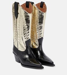 Rosario leather cowboy boots in gold - Paris Texas | Mytheresa Fall Winter Shoes, Mid Heel Boots, Leather Western Boots, Rubber Sandals, Leather Thong Sandals, Paris Texas, Leather Cowboy Boots, Leather Slippers, Cowboy Boot