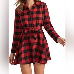 Milumia Women's Vintage Plaid Button Front Belted High Waisted Long Sleeve Short T Shirt Dress Size Medium Worn For Pictures Only Basically Brand New Red Plaid Dress, Button Front Shirt Dress, Gingham Shirt, Long Sleeve Casual Dress, Belted Shirt Dress, Vintage Plaid, Button Front Shirt, Plaid Dress, Long Sleeve Casual