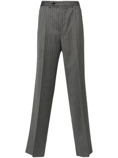 grey wool pinstripe pattern pleat detailing button fly fastening belt loops slip pockets to the sides two rear welt pockets straight leg Pinstripe Pattern, Wool Trousers, Straight Leg Pants, Welt Pockets, Welt Pocket, Straight Leg, Trousers, Wool, Grey