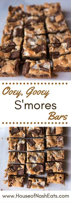 two pictures of brownies and s'mores bars with the words, easy gooey s'mores bars