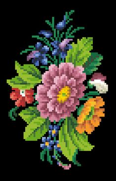 a bouquet of flowers with green leaves on a black background in the style of cross stitch