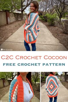 a woman wearing a crochet granny shawl with text that reads, c2c crochet cocoon free crochet pattern