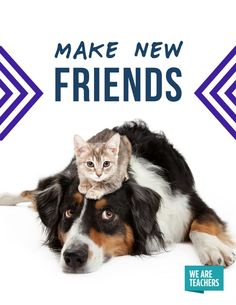 a dog and cat laying next to each other on a white background with the words make new friends