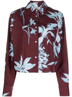 chestnut brown/light blue cotton all-over floral print classic collar front button fastening long sleeves buttoned cuffs straight hem Crop Shirts For Women, Chestnut Brown, Crop Shirt, Chestnut, Printed Cotton, Cotton Shirt, Top Shirt, Top Brands, Floral Print