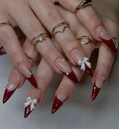 Red Nails Winter, Red Winter Nails, Winter Nails Red, Art Deco Nails, Red French, Medium Almond, Grunge Nails