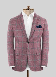 Casual Fridays may be a thing of the past, but our Loro Piana Yaime Wool Silk Linen Jacket will make you want to suit up every day of the week — yes, even on team-building days. Made from a blend of wool, silk, linen, and polyamide, it exudes power and style. Wide checks interwoven with blue yarns on a playful pink hue make it a great choice for those looking for a sophisticated and refined look. The jacket is ideal for semi-formal occasions, whether you're in the office, attending a wedding or Winter Pink Tweed Jacket With Pockets, Pink Notch Lapel Business Outerwear, Pink Notch Lapel Outerwear For Business, Pink Notch Lapel Outerwear With Welt Pockets, Pink Long Sleeve Suit For Fall, Pink Long Sleeve Business Outerwear, Pink Long Sleeve Fall Suit, Tailored Pink Outerwear With Welt Pockets, Pink Formal Outerwear With Welt Pockets