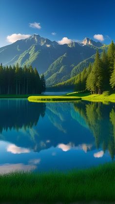 a lake surrounded by green trees and mountains