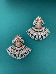 American diamond / CZ chandbali stud. Clip back super light weight. Luxury American Diamond Chandbali Danglers, Luxury Cutdana Earrings For Festivals, Luxury Blue Chandbali Bridal Earrings, American Diamond, Ruby, Silver