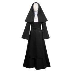 the nun costume is shown in black with white collar and long sleeves, as well as a