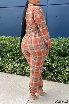 Olivia Mark - Orange Casual Plaid Print Patchwork Jumpsuits with Turndown Collar - Regular Fit (Actual Product Presentation) Casual Patchwork Jumpsuits And Rompers For Fall, Orange Long Sleeve Jumpsuit For Fall, Casual Fitted Plaid Jumpsuits And Rompers, Tube Maxi Dresses, Zipper Jumpsuit, Floral Bodycon, Two Piece Pants Set, Cover Beachwear, Clubwear Dresses