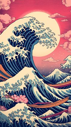 Hokusai's Great Wave, a distinctive piece of Japanese art The Wave Hokusai, Wave Japanese Art, Japanese Waves Art, Japanese Sea Art, Japanese Waves Drawing, Anime Wall Painting, Anime Wave, Japanese Wave Art