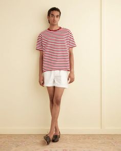 Sawyer Stripe Short Sleeve Shirt – BODE Classic Summer T-shirt With Striped Collar, White Striped Collar T-shirt For Summer, Summer Striped Hem Relaxed Fit T-shirt, Relaxed Fit Striped Hem T-shirt For Summer, Summer Relaxed Fit T-shirt With Striped Hem, Red Cotton Tops With Signature Stripes, Striped Short Sleeve Shirt, Candy Stripes, The 1970s