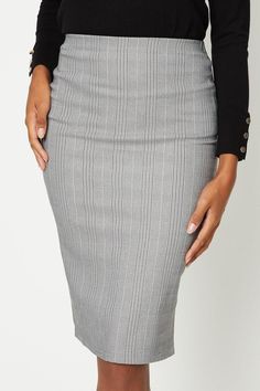 Introducing our Check Bengaline Pencil Skirt. Made from a stretchy fabric, this skirt is not only comfortable but also fitting, accentuating your curves in all the right places. The grey and white striped pattern adds a touch of sophistication to your outfit, making it perfect for both casual and formal occasions. Get ready to turn heads with this must-have addition to your wardrobe. Outfit Making, The Grey, Fashion Face, Dorothy Perkins, Stretchy Fabric, Formal Occasion, Grey And White, Pencil Skirt, Pencil