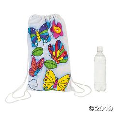 Color Your Own Medium Butterfly Canvas Drawstring Bags | Oriental Trading Bug Bag, Fabric Paint Pens, Butterfly Tea Party, Butterfly Garden Party, Butterfly Backpack, Halloween Camping, Butterfly Tea, Birthday Party Crafts, Butterfly Canvas