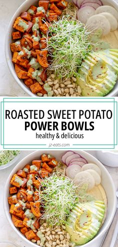 two bowls filled with roasted sweet potato power bowls