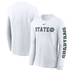 a white long sleeve shirt with the word state on it and green lettering in front