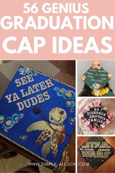 graduation caps with the words, see ya later dudes and other things on them