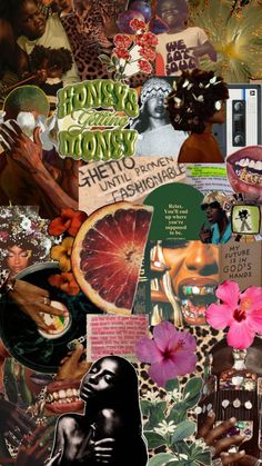 a collage of various images and words with flowers, fruit, and other things